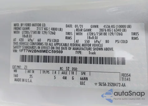 2021 Ford F-250 Xlt из США, поврежденный, VIN 1FT7W2BN8MEC59569